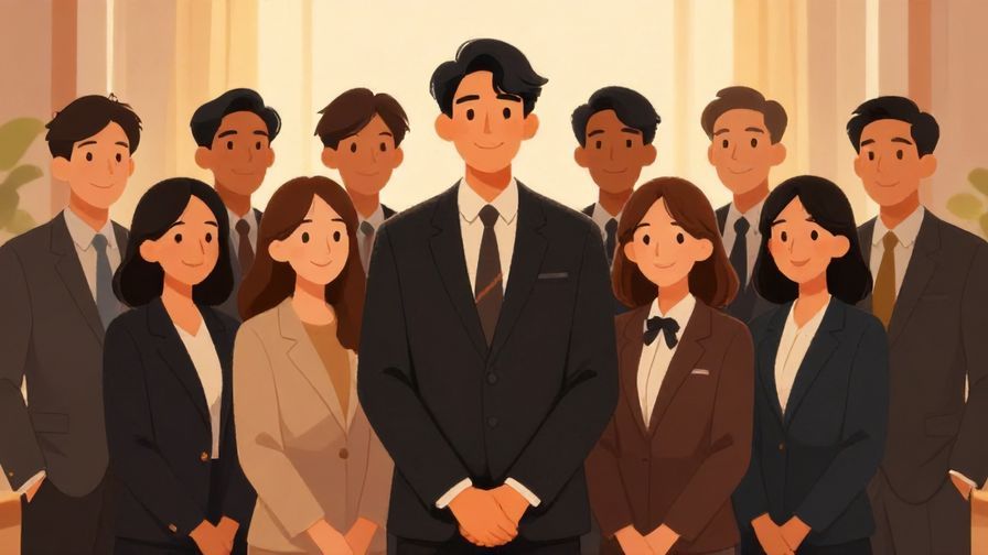 Illustration%20of%20a formal group photo setting with people politely smiling, soft and warm lighting