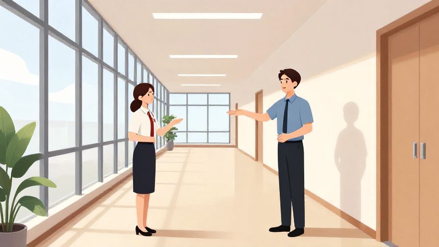 Illustration%20of%20a formal hallway with a staff member politely gesturing leftward, modern building interior, soft lighting, illustrated style