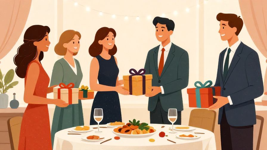 Illustration%20of%20a formal holiday party with business people smiling and exchanging gifts in elegant attire, refined and festive colors, illustrated style