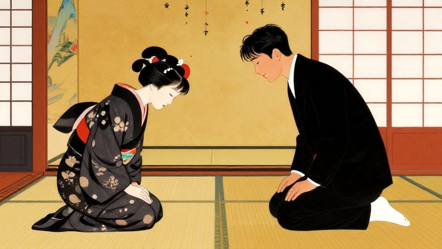 Illustration%20of%20a formal interaction%20between%20two%20people%20with%20one%20bowing%20and%20speaking%20politely%2C%20traditional%20Japanese%20room%2C%20vibrant%20colors%2C%20illustrated%20style