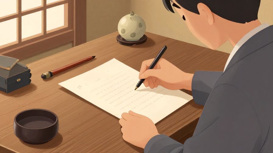 Illustration%20of%20a formal letter writing scene, a person thoughtfully composing a letter at a wooden desk with traditional Japanese decor, warm lighting, illustrated style