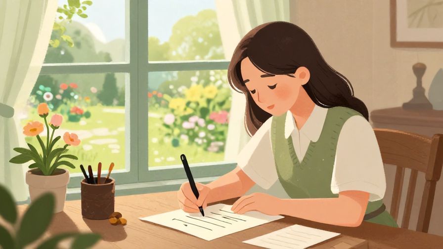 Illustration%20of%20a formal letter-writing scene with a calm person concentrating and a window showing a peaceful garden, elegant atmosphere