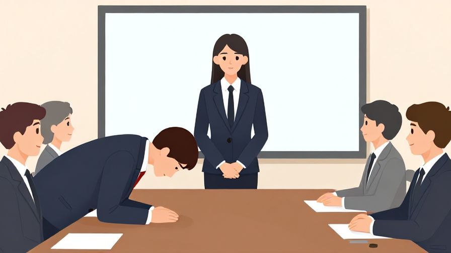 Illustration%20of%20a formal meeting room with a person bowing deeply, serious and respectful mood, clear colors and details