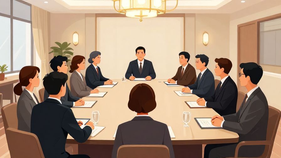 Illustration%20of%20a formal meeting room with attentive people in suits, soft lighting, elegant atmosphere, illustrated style
