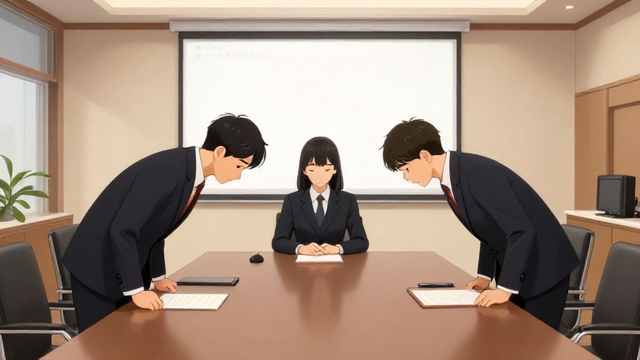 Illustration%20of%20a formal meeting room with people exchanging respectful bows during afternoon, dignified mood