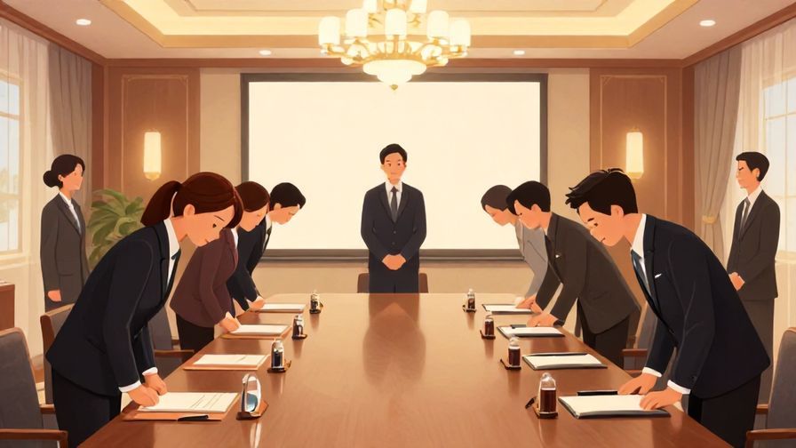 Illustration%20of%20a formal meeting room with people bowing politely, warm light, elegant and professional atmosphere, illustrated style
