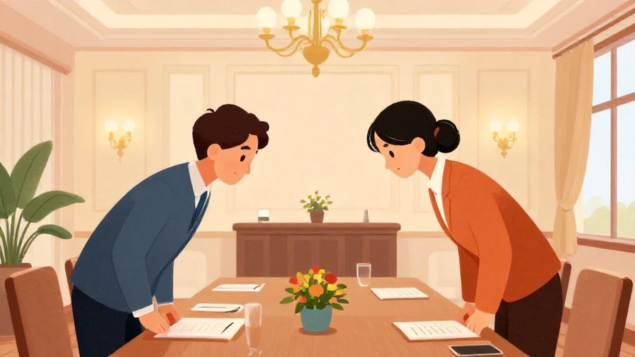 Illustration%20of%20a formal meeting room with two people exchanging respectful bows, elegant interior, soft lighting, vibrant colors, illustrated style
