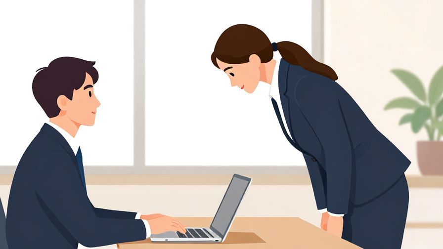 Illustration%20of%20a formal meeting scene%2C person politely requesting help with a slight bow%2C business environment%2C illustrated style