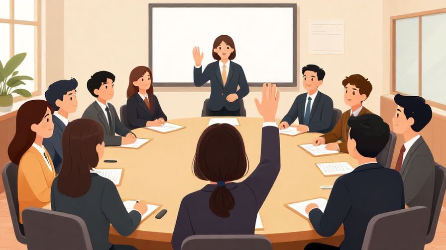 Illustration%20of%20a formal meeting with a person politely raising their hand, surrounded by attentive colleagues in a conference room