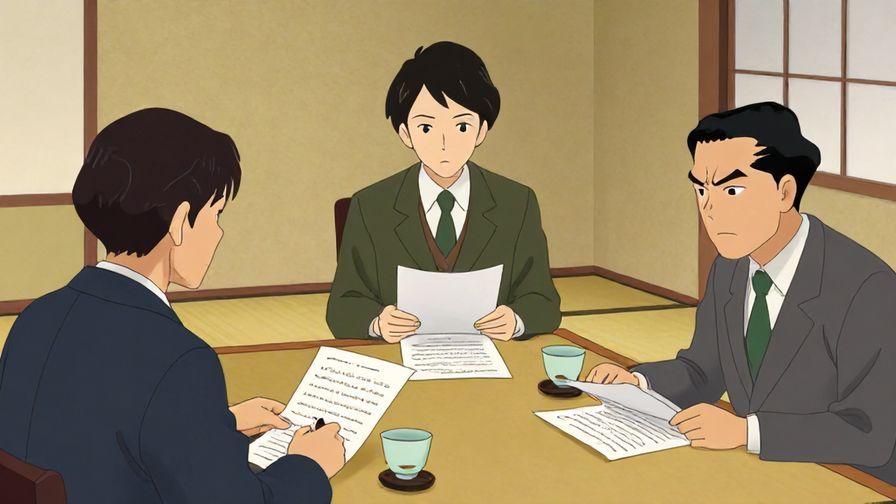 Illustration%20of%20a formal meeting with serious expressions, papers and tea cups on the table, traditional Japanese office setting, warm lighting, illustrated style