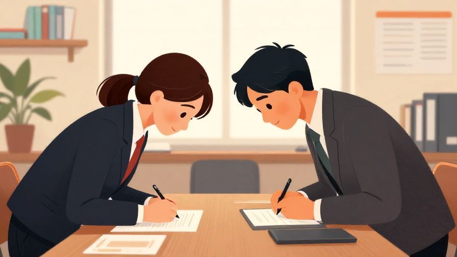 Illustration%20of%20a formal office meeting, two colleagues bowing respectfully across a desk, soft lighting, detailed background, vibrant colors, illustrated style