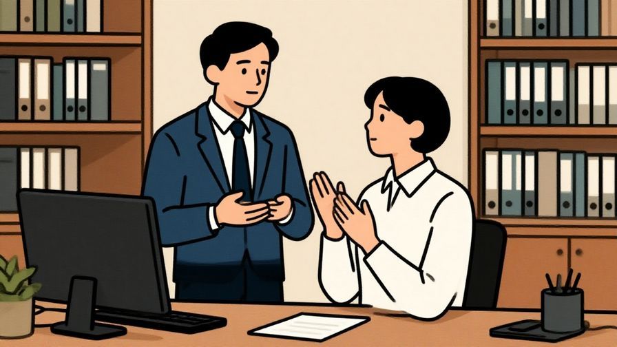 Illustration%20of%20a formal office setting with a person politely asking a question, calm atmosphere, illustrated style