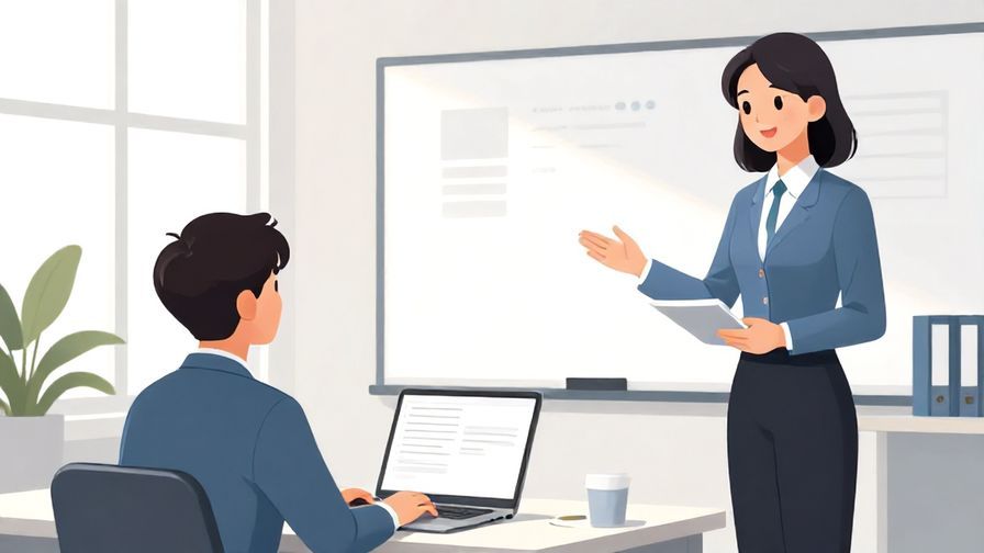 Illustration%20of%20a formal office setting with a person reporting to a superior, symbolizing precise anticipation. Clean, bright colors, illustrated style