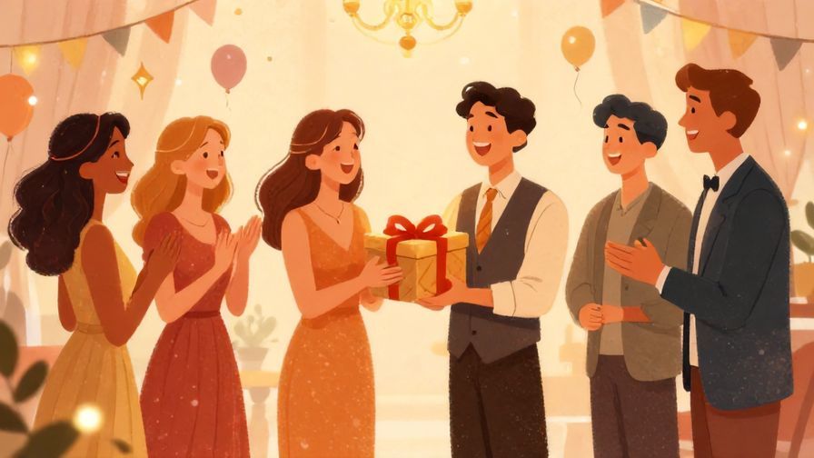 Illustration%20of%20a formal party with elegantly dressed people opening a surprise gift, joyful expressions, soft lighting, and festive decorations, illustrated style