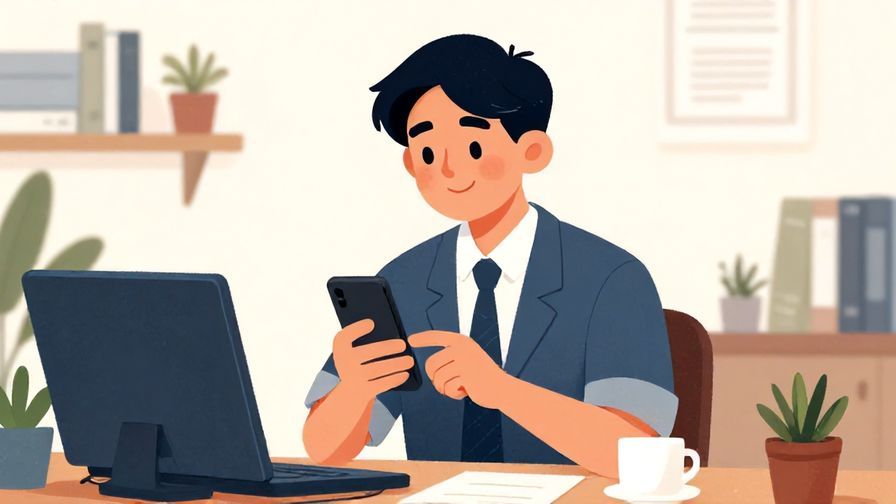 Illustration%20of%20a formal person politely smiling while holding a phone in a neat office setting, detailed background, vibrant colors, illustrated style