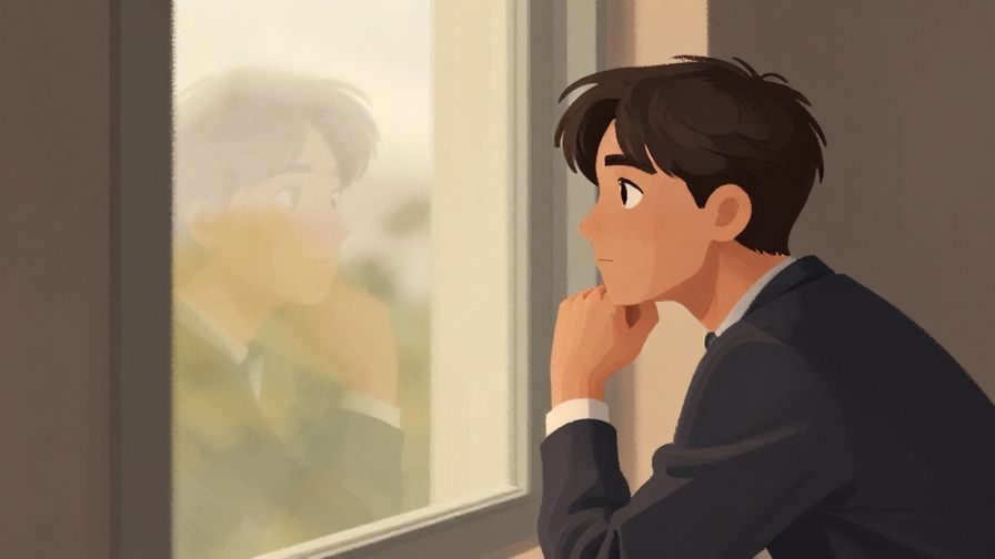 Illustration%20of%20a formal reflection scene with a person looking thoughtfully out a window, soft indoor lighting