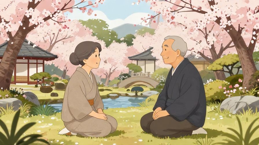 Illustration%20of%20a formal reunion between two elderly people in a traditional Japanese garden, surrounded by blooming sakura, respectful expressions, soft natural light, illustrated style