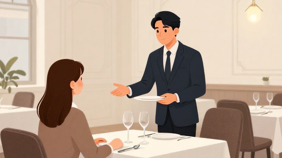 Illustration%20of%20a formal setting where a server waits patiently for a guest's decision%2C elegant restaurant%2C soft lighting%2C illustrated style