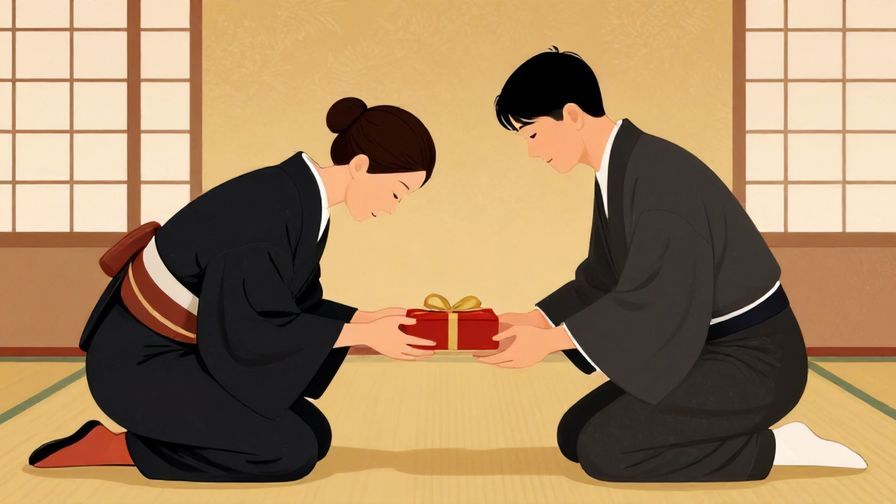 Illustration%20of%20a formal setting with a person bowing respectfully while handing a gift, elegant colors, traditional Japanese interior, illustrated style