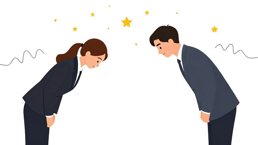 Illustration%20of%20a formal setting with two colleagues bowing politely, stars and gentle waves in the background