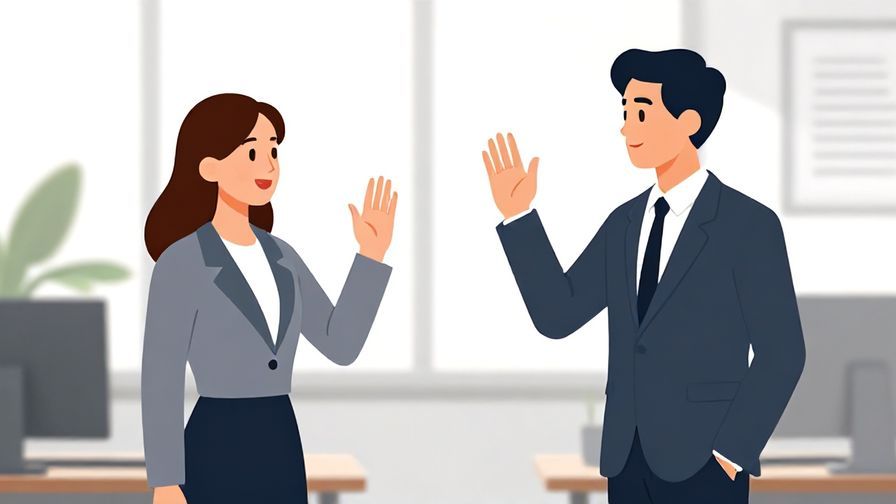 Illustration%20of%20a formal setting with two people exchanging polite waves in a bright office environment, illustrated style