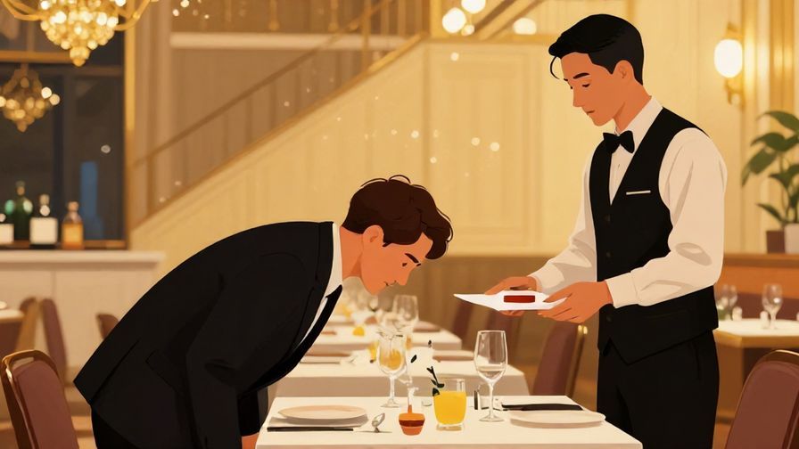 Illustration%20of%20a formal setting%20with%20a%20customer%20making%20a%20deep%20bow%20to%20the%20waitstaff%2C%20luxurious%20restaurant%20background%2C%20illustrated%20style