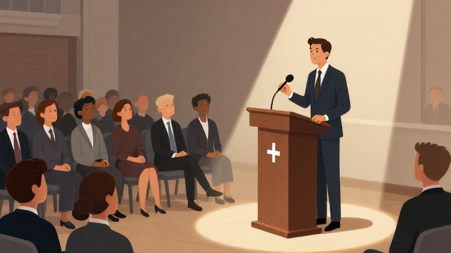 Illustration%20of%20a formal speaker at a podium, gentle spotlight, audience listening attentively, detailed background, illustrated style