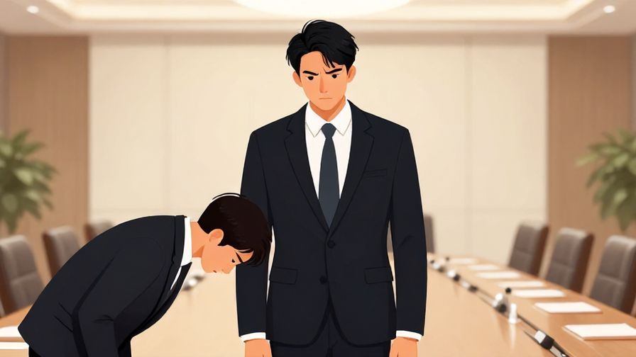 Illustration%20of%20a formal speaker bowing slightly with a serious face, elegant conference room background, illustrated style