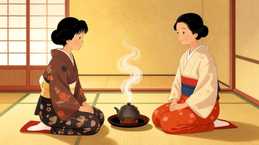 Illustration%20of%20a formal tea ceremony in a traditional Japanese setting, respectful atmosphere, warm lighting, vibrant colors, illustrated style