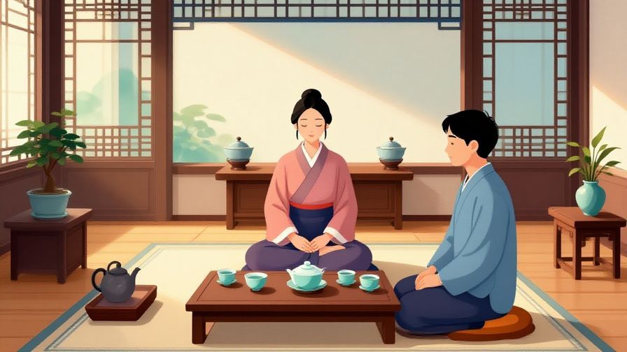 Illustration%20of%20a formal tea ceremony room with soft morning light, a calm person reflecting peacefully. Elegant traditional decor and vibrant colors, illustrated style