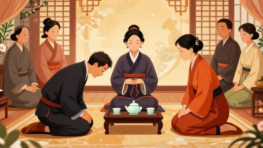 Illustration%20of%20a formal tea ceremony with bowing participants, elegant traditional setting, respectful and refined atmosphere, detailed background, vibrant colors, illustrated style