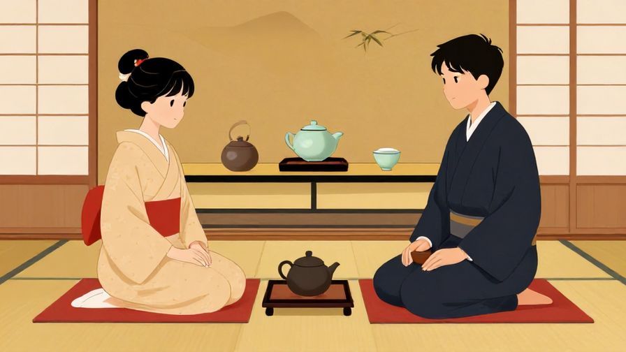 Illustration%20of%20a formal tea ceremony%20with%20two%20people%20seated%20calmly%2C%20traditional%20Japanese%20room%20background%2C%20vibrant%20colors%2C%20illustrated%20style