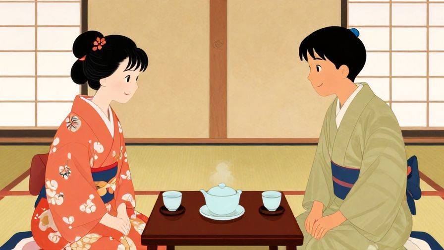 Illustration%20of%20a formal tea meeting between two friends, serene expressions, traditional Japanese room, vibrant colors, illustrated style
