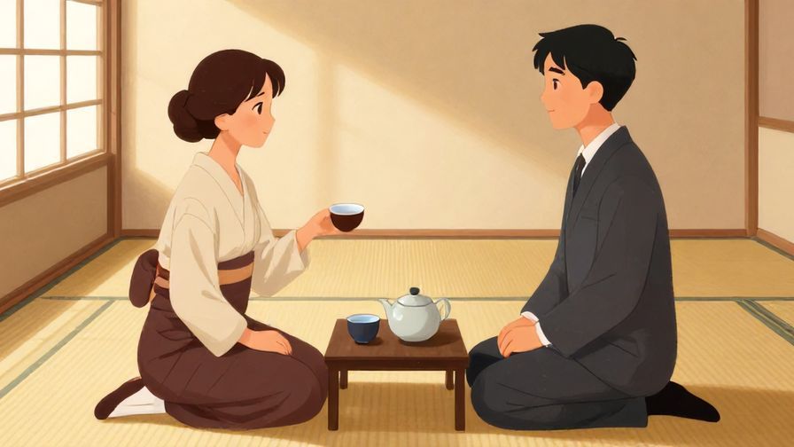 Illustration%20of%20a formal tea meeting in a tatami room, two elegantly dressed people exchanging polite conversation, soft sunlight, illustrated style