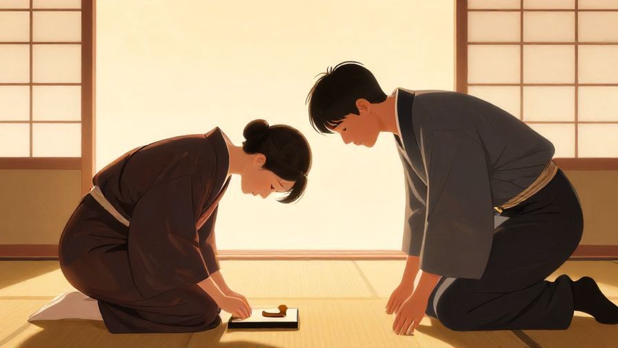 Illustration%20of%20a formal thank-you scene, with a person bowing politely in a traditional Japanese room, warm light filtering in