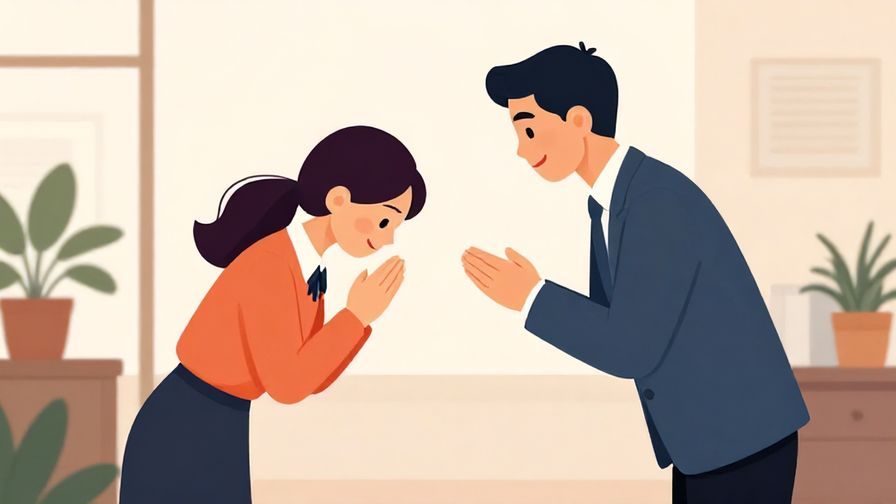 Illustration%20of%20a formal workplace interaction with bowing and respectful gestures, elegant office background, soft lighting, vibrant colors, illustrated style