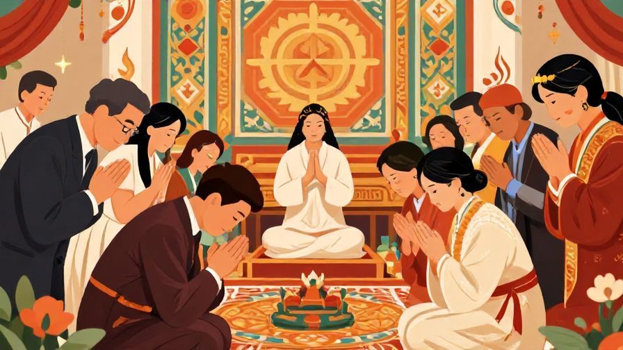 Illustration%20of%20a formal%20ceremony%20setting%20with%20people%20bowing%20and%20offering%20prayers%2C%20detailed%20background%2C%20vibrant%20colors%2C%20illustrated%20style