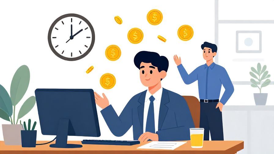 Illustration%20of%20a formal%20office%20environment%20with%20a%20clock%20and%20coins%20symbolically%20floating%20around%20a%20businessperson%2C%20bright%20lighting%2C%20vibrant%20colors%2C%20illustrated%20style