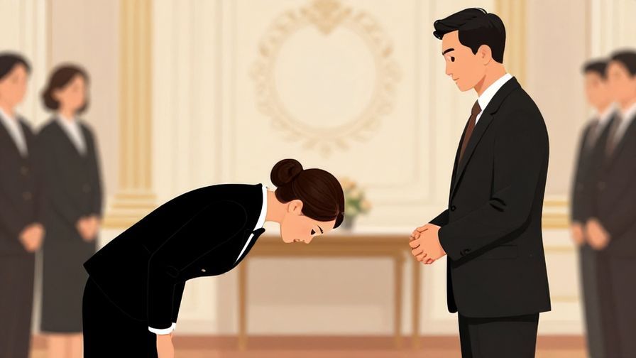 Illustration%20of%20a formally dressed individual bowing deeply while leaving a meeting room, dignified expression, elegant setting, illustrated style
