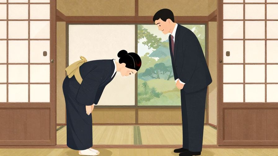 Illustration%20of%20a formally dressed person bowing slightly at the door%2C respectful smile%2C traditional Japanese interior%2C illustrated style