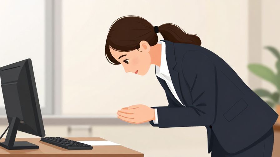 Illustration%20of%20a formally dressed person bowing politely with a sincere expression, office environment, illustrated style