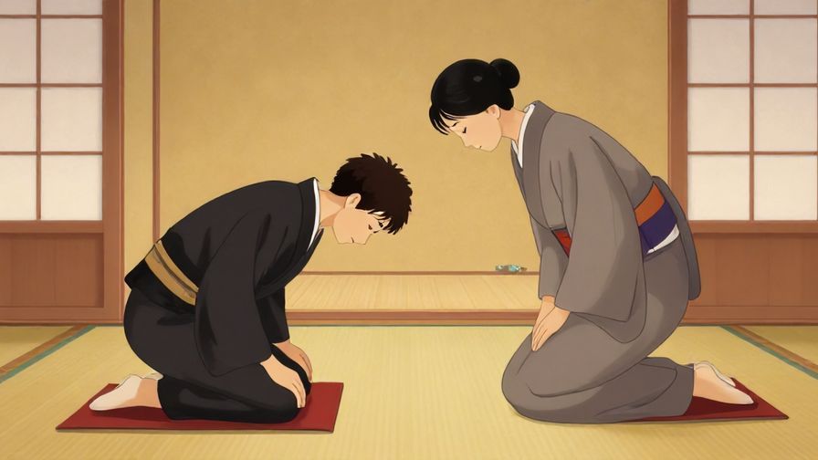 Illustration%20of%20a formally dressed person bowing politely in a traditional Japanese room, warm and respectful lighting