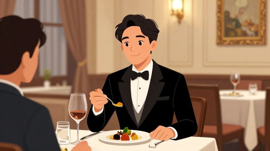 Illustration%20of%20a formally dressed person politely smiling and enjoying a meal at a refined restaurant with elegant lighting and decor.
