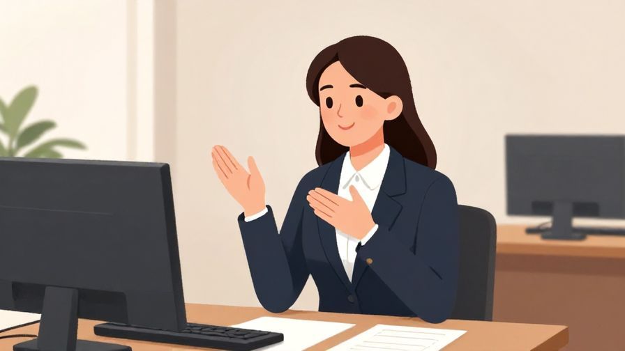 Illustration%20of%20a formally dressed person politely asking a question in a quiet office, gentle smile and respectful posture