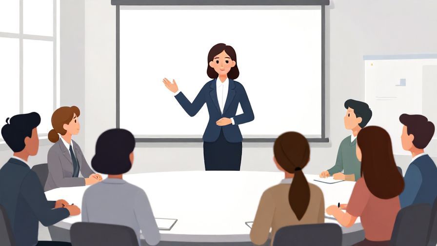 Illustration%20of%20a formally dressed person politely explaining rules to a small group, bright conference room, professional atmosphere