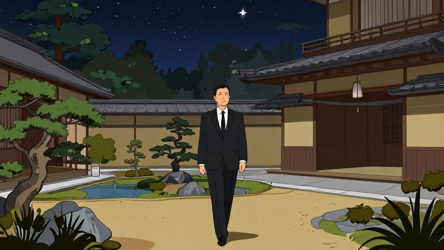 Illustration%20of%20a formally dressed person walking confidently through a traditional Japanese garden under a starry sky, dignified atmosphere