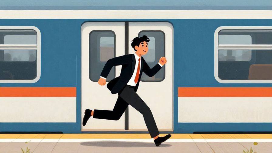 Illustration%20of%20a formally dressed%20person%20running%20toward%20a%20closing%20door%20of%20a%20train%2C%20relieved%20expression%2C%20vibrant%20colors%2C%20illustrated%20style