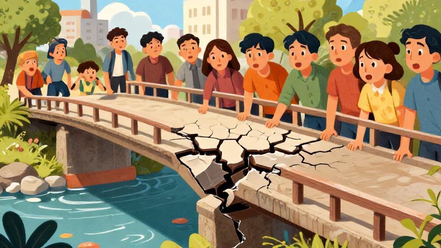 Illustration%20of%20a fragile bridge%20cracking%20with%20people%20looking%20anxious%20nearby%2C%20detailed%20background%2C%20vibrant%20colors%2C%20illustrated%20style
