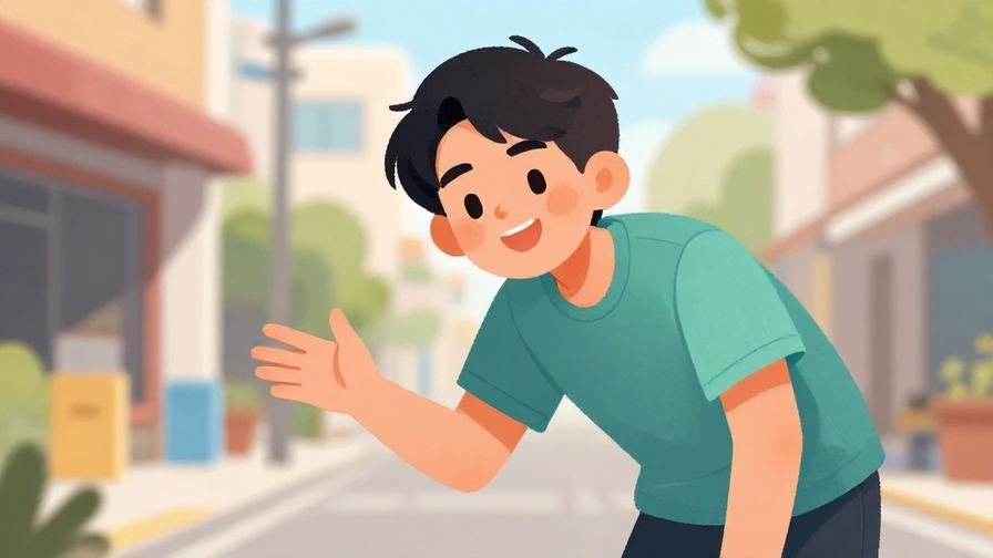 Illustration%20of%20a friendly character leaning forward with encouraging smile, casual street setting, bright colors, illustrated style