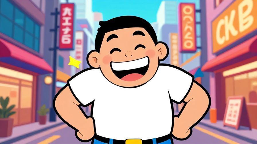 Illustration%20of%20a friendly character with a big grin, hands on hips, lively urban background typical of Kansai, vibrant colors, illustrated style